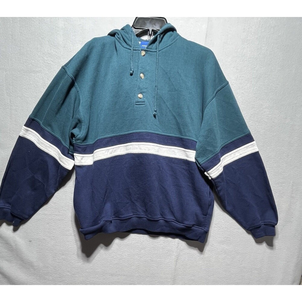 Towncraft Men’s L Colorblock Fleece Pullover Hoodie Green Blue White Drawstring